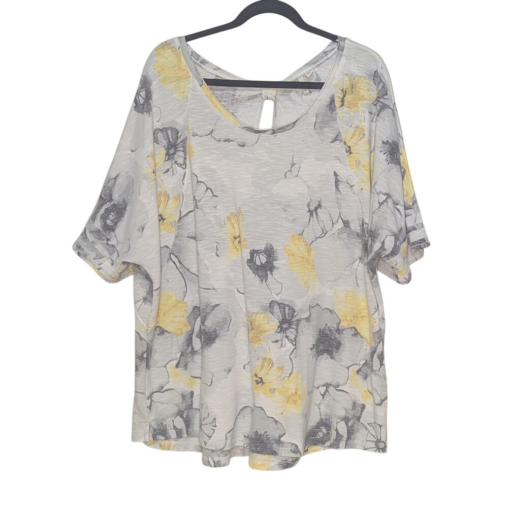 Cato Active Gray & Yellow Floral Dolman 3/4 Sleeve Keyhole Back Top Size 22/24W